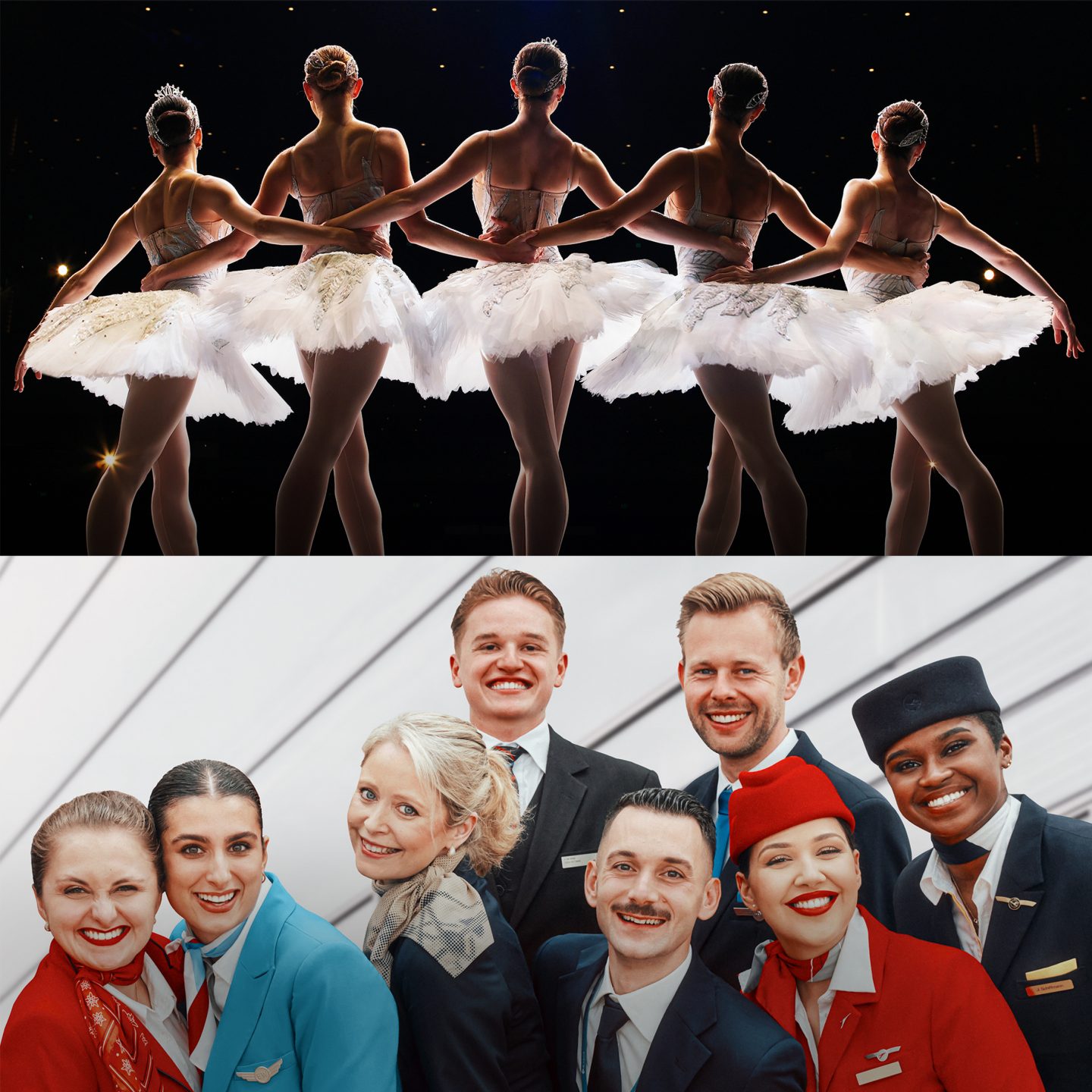 Cinque ballerine in tutù bianchi si esibiscono sul palco; sotto di loro, un gruppo di dipendenti di una compagnia aerea in uniforme sorride alla fotocamera.
