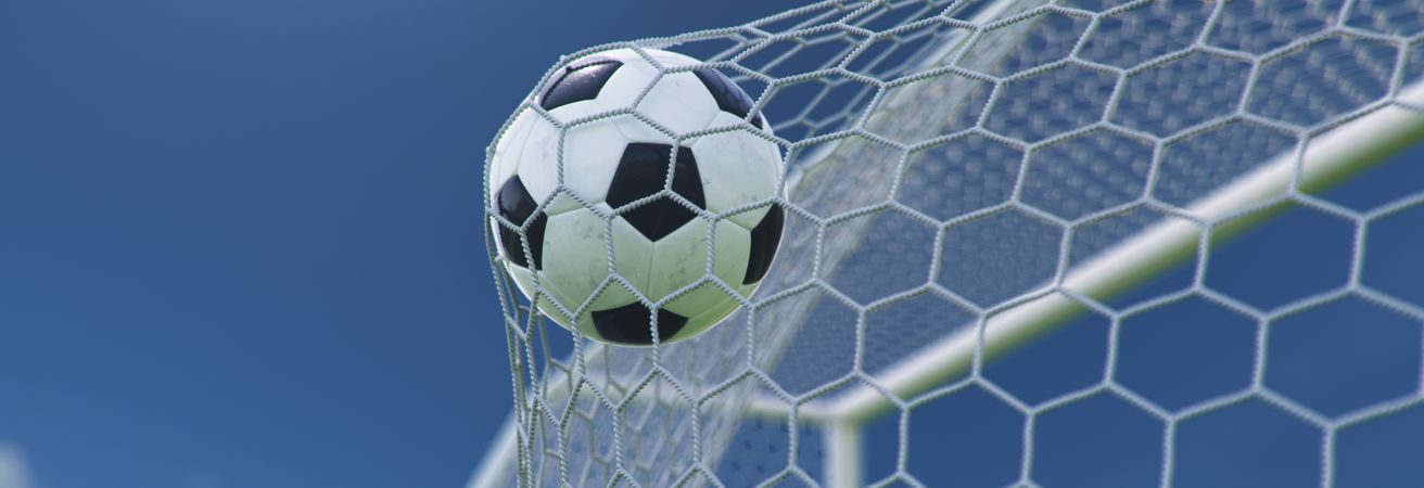 A soccer ball hitting the back of a net.
