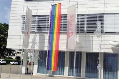 Proud @ SWISS is hoisting the rainbow flag in front of our headquarters