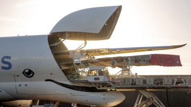 Zwei Flügel eines A350-900 mit je 32 Metern Länge und 15 Tonnen Gewicht passen gleichzeitig in die "Beluga"