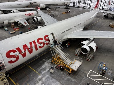 A view from above of a SWISS aircraft.