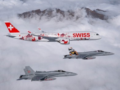 Our very first Airbus A350, on its delivery flight over the Swiss Alps – accompanied for part of the route by the Swiss Air Force.