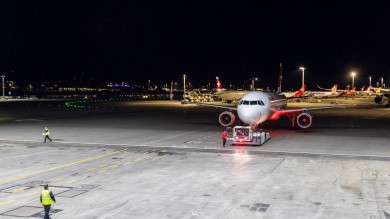 A SWISS aircraft on its way to the hangar.