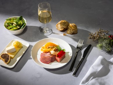 First course in SWISS Business: Smoked duck breast and venison  terrine, orange and pumpkin  compote, celery salad with walnut