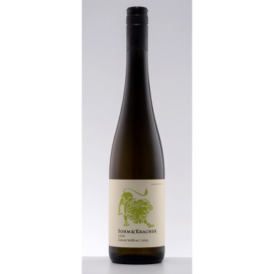 Abgebildet is die Weinflasche, des grünen Veltilner. Auf dem Etikette befindet sich ein fauchender, grüner Löwe.