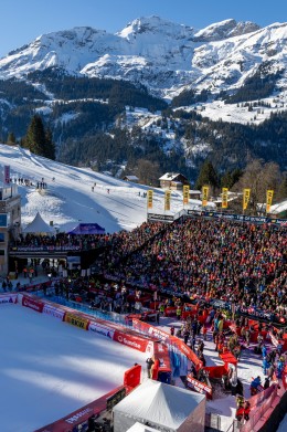 The last part of the Lauberhornrennen where a crowd cheers for the racers