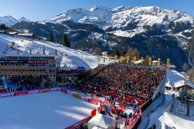 The last part of the Lauberhornrennen where a crowd cheers for the racers