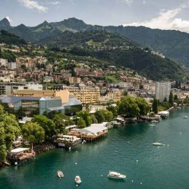 Montreux lies between steep hills on the shores of Lake Geneva.