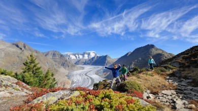 It feels like stepping into a calendar picture: on the ridge trail of the Aletsch Arena. 