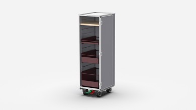 Trolley mit Schubladen und Trays in Bordeaux und Weiss.