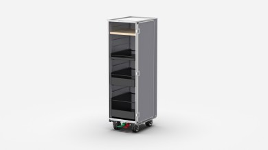 Ein trolley mit drei schwarzen Schubladen und einem weissen Tray.