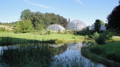 green lawn with futuristic greenhouse domes