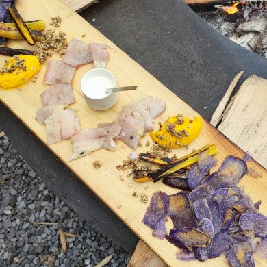 pumpkin puree, blue potato chips, roasted carrots and nuts