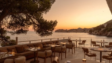 hotel restaurant with ocean view, sunset