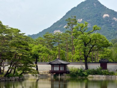 Pond with pavilion in Gyeongbokgung Palace.