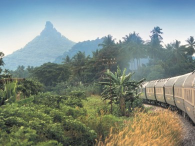 The Eastern & Oriental Express traveling through the dense Malaysian jungle, offering passengers a unique journey through one of Southeast Asia's most mystical landscapes.