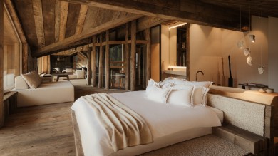 Clean lines and natural materials – the room captures the quiet strength of the mountains in a modern way.