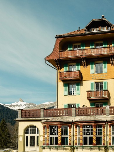 The Grand Hotel Belvedere in Wengen combines historic Art Nouveau charm with stunning views of the mountains.