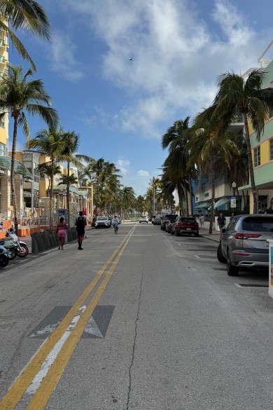 The palm-lined street of Ocean Drive stretches ahead, showcasing the iconic Art Deco architecture that defines Miami Beach’s South Beach district.