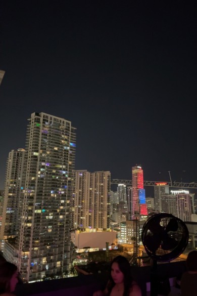The Rosa Sky Bar offers a lively party atmosphere high above Miami Downtown, with the city skyline lighting up the night.