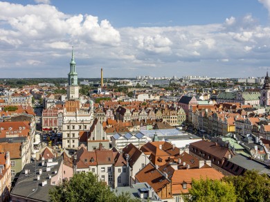 A city of rooftops and history: A sweeping view over Poznań’s Old Town, where red-tiled roofs, church towers and centuries of architecture define the city’s skyline.